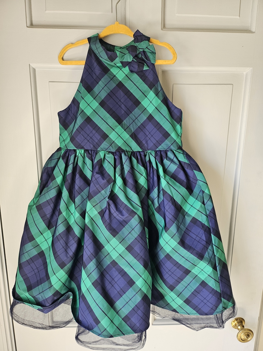 Janie and Jack Navy and Teal Plaid Dress with Gold Buttons